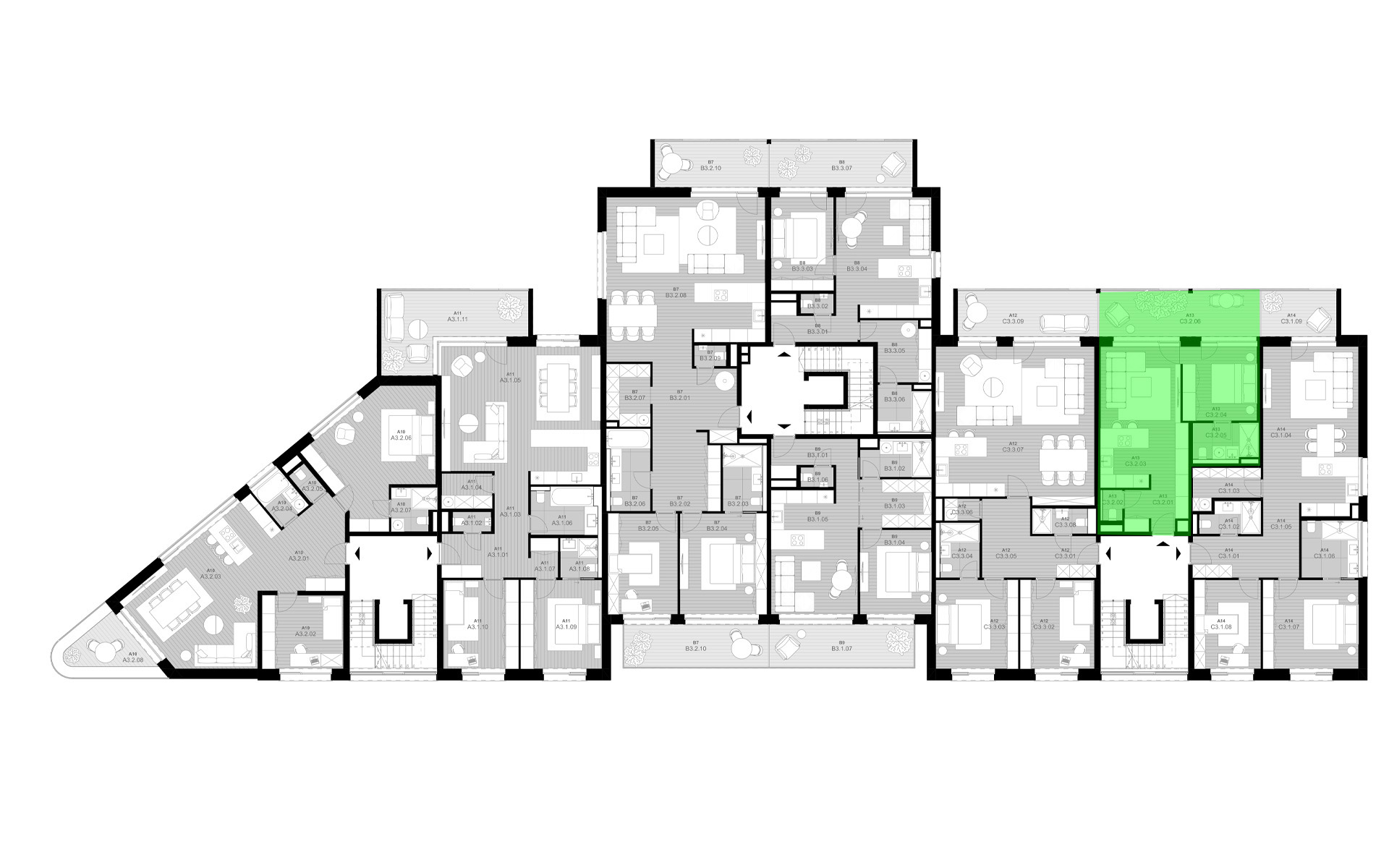 rezidencia K Železnej Studienke - pôdorys so zvýraznením apartmánu C3.2
